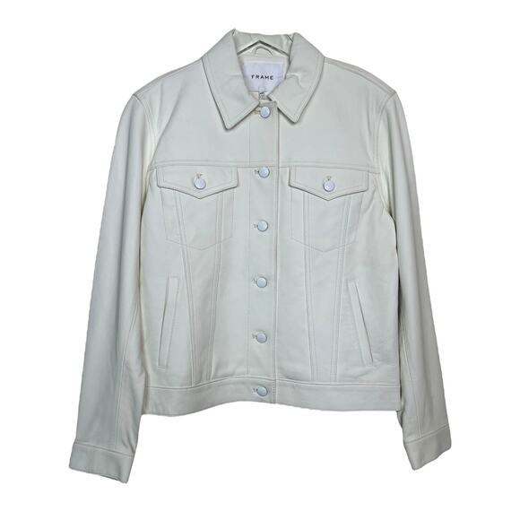 FRAME Denim White Lamb Leather Trucker Jacket FLAWED NWT White Womens M Medium - Picture 1 of 12